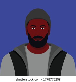Portrait of african american. Avatar of a bearded guy. Sportsman. Vector flat illustration 