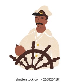 Portrait of African American captain in a marine professional uniform, wearing a cap with an anchor sign - conqueror of the seas and oceans symbol. Hand-drawn vector isolated illustration.