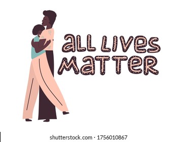 Portrait of African American couple. All lives matter.  Black family in flat cartoon illustration. Poster and Symbol of a black person for printed matter.  Stop racism poster