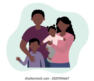 Portrait of an African American family. Parents and children. Father, mother, daughter, son. Vector illustration in a flat style.