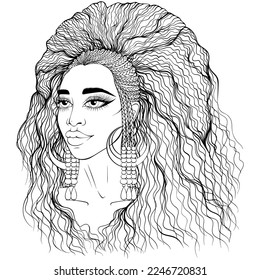 Portrait of African American girl with long hair. Afro hairstyle with braids. Vector illustrations in hand drawn sketch doodle style isolated. Coloring book page. Design for hair salons, fashion