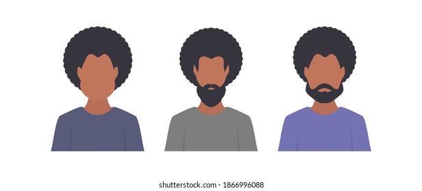 Portrait of African American guys. Set of different types of black men with and without beard and mustache