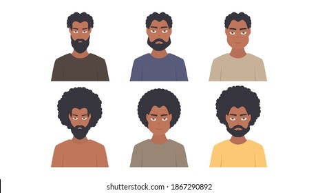 Portrait of African American guys. Set of different types of black men with and without beard and mustache