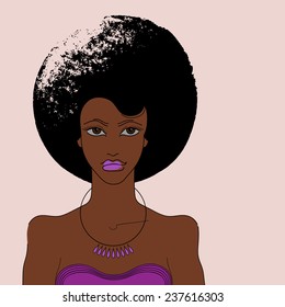 Portrait of the african american singer with hand drawn black hairstyle, bead and big lips.