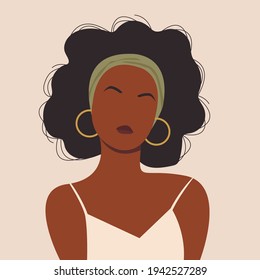 Portrait African American Woman with Afro Curly Hair. Face young beauty female. Head Avatar of a afro Silhouette Girl with ring earrings. Vector elegant fashionable isolated 
flat illustration