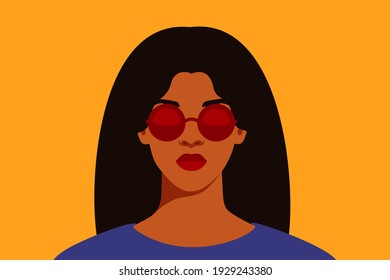 Portrait of African American woman with black hair in red sunglasses with reflection. Black strong girl on a yellow background, front view. Vector illustration