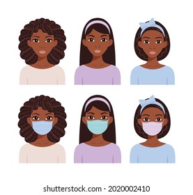 Portrait of African American Woman, Black Lady, Caribbean Girl. Isolated Female Characters Wear a Medical Mask on Face. Protection, Safety from Coronavirus, Influenza. Avatar in Cartoon style. Vector