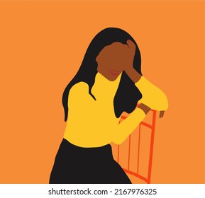 Portrait African American woman black skin in yellow shirt sitting on chair. Fashion illustration. Abstract woman portrait. The concept of gender equality and of the female empowerment movement.