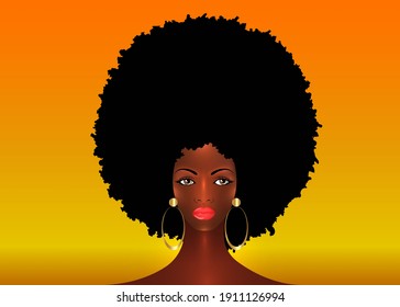 portrait African American Woman, dark skin female face with beautiful traditional black Afro hair style, vector sunset background, hairstyle concept, cover for black music, disco, beauty events