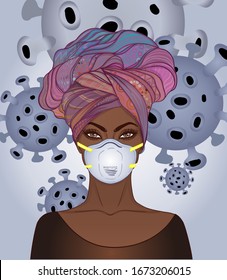 Portrait of African American  woman in hair wrap and white medical face mask. Coronavirus in China. Novel coronavirus (2019-nCoV). Concept of coronavirus quarantine. Vector illustration.