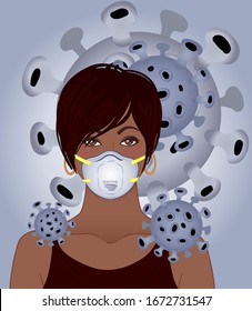 Portrait of African American  woman in hijab and  white medical face mask. Coronavirus in China. Novel coronavirus (2019-nCoV). Concept of coronavirus quarantine. Vector illustration.