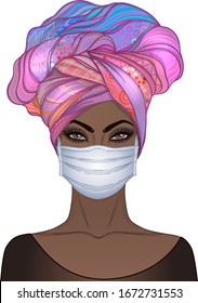 Portrait of African American  woman in hijab and  white medical face mask. Coronavirus in China. Novel coronavirus (2019-nCoV). Concept of coronavirus quarantine. Vector illustration.