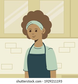Portrait of African American woman in the kitchen. Smiling female in apron. Cooking at home or working in a cafe. Vector flat illustration.