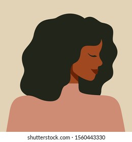 Portrait of an African American woman in profile. Avatar of young black girl with curly dark hair. Vector illustration