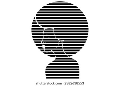 Portrait African American Woman in striped design, dark skin female face, Afro curly hair, ethnic beauty logo design, hair style salon concept, vector stripes silhouette isolated or white background 