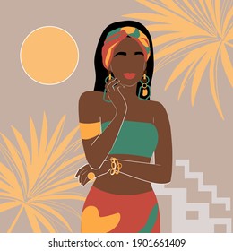 Portrait of an African American woman. Vector illustration of a fashionable black woman. Abstraction trend simple art. Avatar