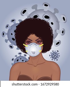 Portrait of African American  woman wearing white medical face mask. Coronavirus in China. Novel coronavirus (2019-nCoV). Concept of coronavirus quarantine. Vector illustration.