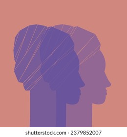 Portrait of African Americans silhouette women in profile wearing turban hand drawn vector illustration. Women of color stand together concept equality movement empowerment, feminism, against racism