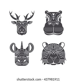 Portrait of a african animals made in ornate vector style. Deer, hippo, rhino, tiger. Safari label or t-shirt design with cute animal character.