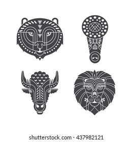 Portrait of african animals made in ornate vector style. Bear, crocodile, buffalo, lion. Safari label or t-shirt design with cute animal character.