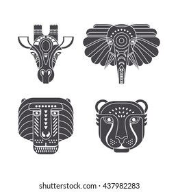Portrait of african animals made in ornate vector style. Giraffe, elephant, monkey, cheetah. Safari label or t-shirt design with cute animal character.