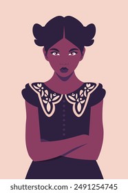 Portrait of an African arrogant schoolgirl. Cheeky teenager Emotional face of a child. School bullying. Vector flat illustration