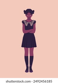 Portrait of an African arrogant schoolgirl is standing full-length. Cheeky teenager Emotional face of a child. School bullying. Vector flat illustration