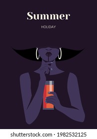 Portrait of an African beautiful woman who drinks orange juice through a straw. Rest at the resort. Vector Flat Illustration