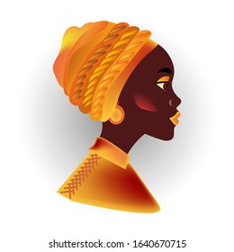 Portrait of an African black woman in profile in a yellow headdress, on a white background. Isolated, vector illustration.