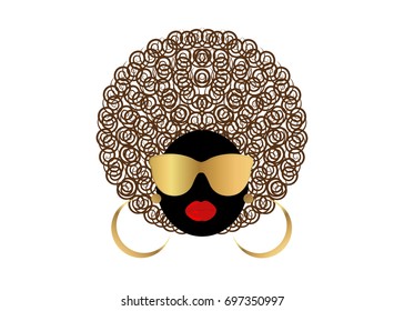 portrait African curly Women , dark skin female face with hair afro and gold glasses on isolated background