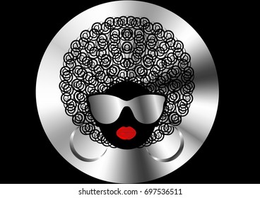 portrait African curly Women , dark skin female face with hair afro and metal glasses on isolated or black background