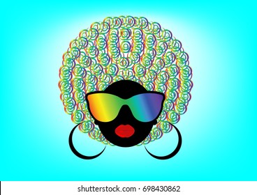 portrait African curly Women , dark skin female face with hair afro and rainbow glasses on isolated or deep blue background