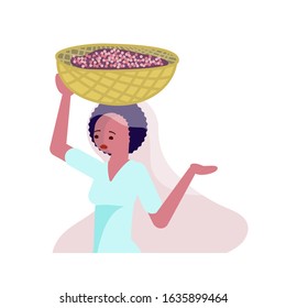 Portrait of African female coffee farmer character hold basket with mature coffee beans. Flat Art Vector Illustration