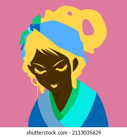 Portrait of an African girl with her head bowed and her eyes closed. Avatar for social networks. Bright vector illustration in a flat style.