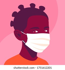 Portrait of an African girl with medical mask. The face of a child. Avatar of a schoolgirl. Vector flat illustration