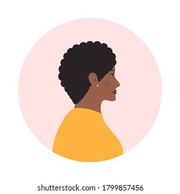 Portrait of african girl in side view. Woman avatar profile flat design. Vector illustration