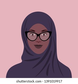 Portrait of African in hijab and glasses. Muslim girl avatar. Vector flat illustration