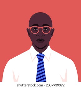 Portrait of an African man with necktie. Avatar of a sadness businessman. A young politician. Vector flat illustration