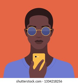 Portrait of an African man with a phone. Addiction on the smartphone. Social networks. Vector Flat Illustration