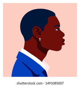 Portrait of an African man in profile. The guy’s head is on the side. Diversity. Vector flat illustration