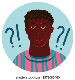 Portrait of an African man with short curly hair. Concept: person asks a question and solves a difficult task for himself. Cartoon, flat, vector. Isolated image on a white background.