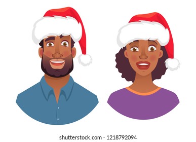 Portrait of african man and woman in christmas hat. Emotions of african american woman face. Facial expression men vector illustration