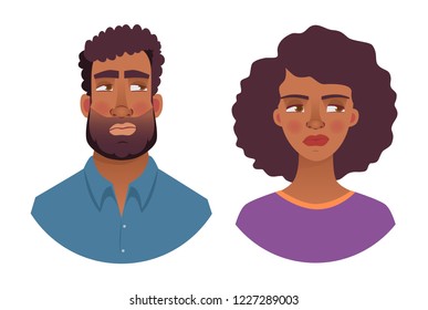 Portrait of african man and woman. Emotions of african american woman face. Facial expression men vector illustration