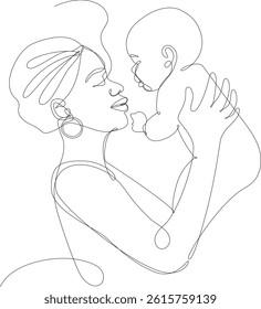 Portrait of an African mother with her baby in her arms. Continuous line vector illustration, white background