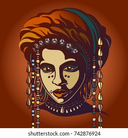 Portrait of an African native. A man from a tribe. Badge shape illustration.