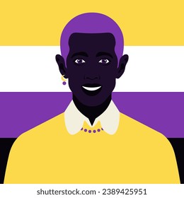 A portrait of an African nonbinary person. LGBTQIA. A pride flag. Vector flat illustration 