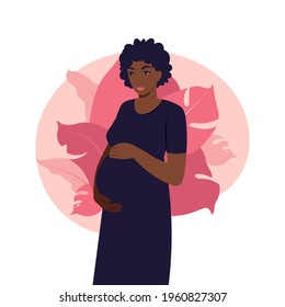 Portrait african pregnant woman in dress on white background. Health, care, pregnancy. Vector illustration. Flat