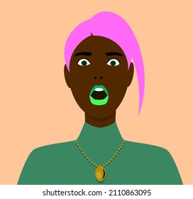 Portrait of an African surprised girl with open mouth. Defeat, outrage. Avatar for social networks. Bright vector illustration in a flat style.