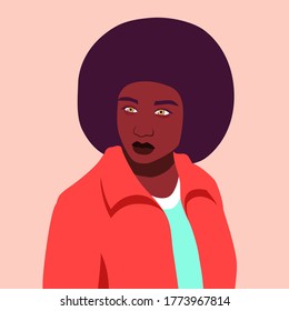 Portrait of african woman with afro hairstyle. Avatar for social networks. Vector flat illustration