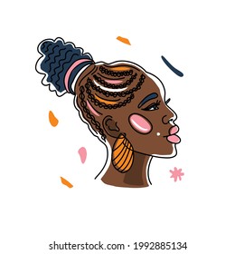 Portrait African woman with a beautiful hairstyle, human rights, fight racism. Line art, minimalism style. Black history month illustration.